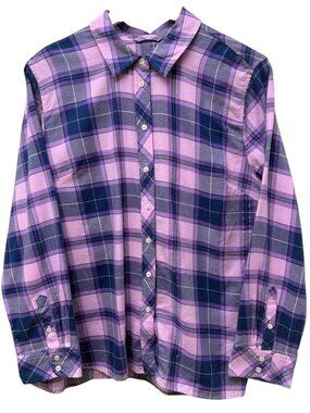 TALBOTS Plaid Shirt XL Petite Blue Pink Button Up Cotton Preppy Womens Casual
